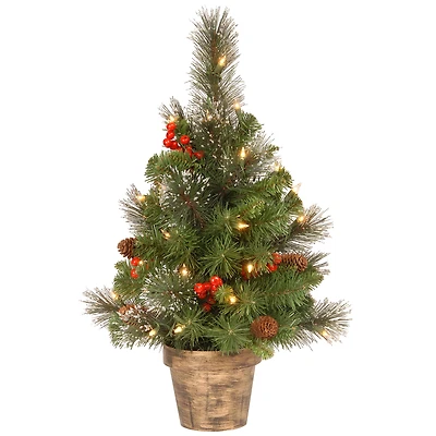 2ft. Pre-Lit Crestwood Spruce Small Tree With Silver Bristle, Cones, Red Berries & Glitter In A Plastic Bronze Pot, Clear Lights
