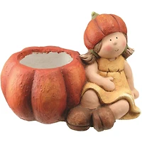 Fall Harvest Sitting Girl with Pumpkin Pot Tabletop Decoration