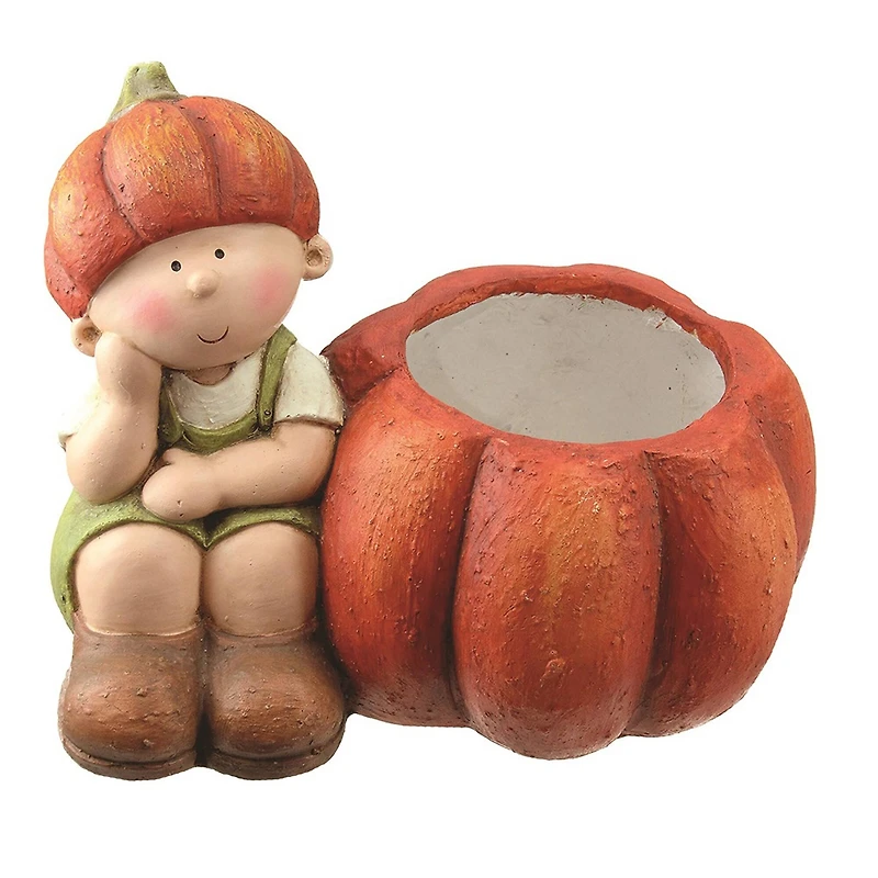 Fall Harvest Sitting Boy with Pumpkin Pot Tabletop Decoration