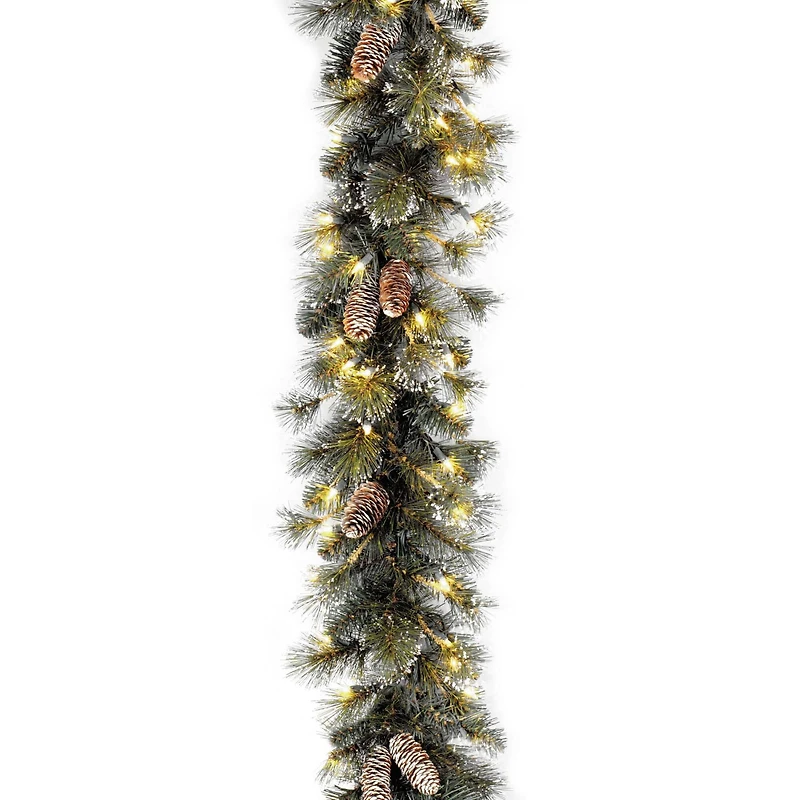 9' x 10" Pre-lit Glitter Artificial Christmas Pine Garland with Cones, Snowflakes and 100 Clear Lights