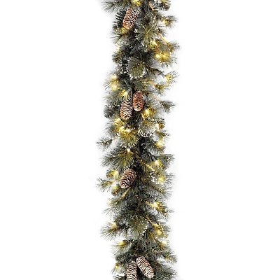 9' x 10" Pre-lit Glitter Artificial Christmas Pine Garland with Cones, Snowflakes and 100 Clear Lights