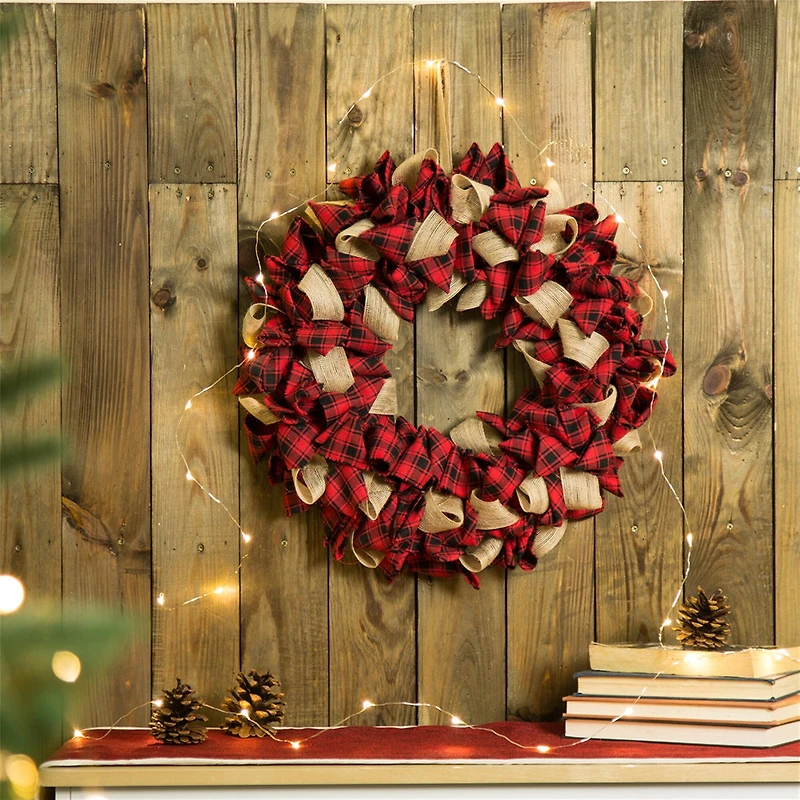 Glitzhome® 19" Christmas Plaid Fabric Wreath