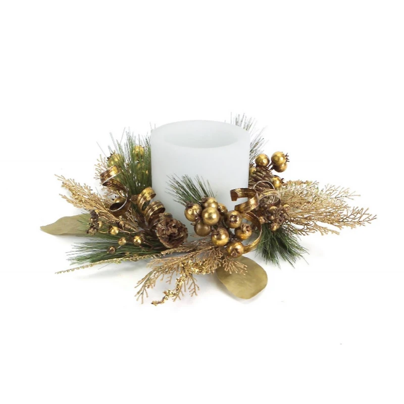 16" Golden Brown Ribbon Berry & Pine Cone Pillar Candle Ring