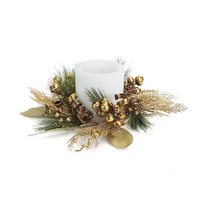 16" Golden Brown Ribbon Berry & Pine Cone Pillar Candle Ring