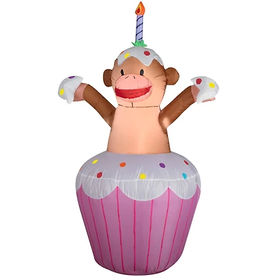 3.5ft. Airblown® Inflatable Happy Birthday Cupcake with Monkey