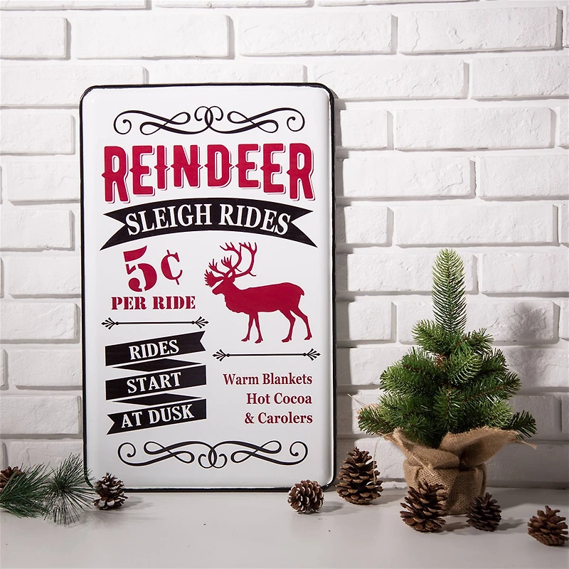 Glitzhome® Reindeer Sleigh Rides Farmhouse Metal Enamel Sign