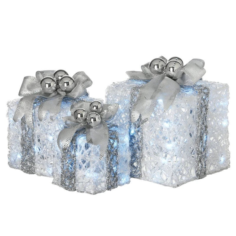 Glittered Silver & White Gift Box Set with White Twinkle LED Lights
