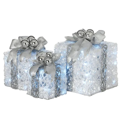 Glittered Silver & White Gift Box Set with White Twinkle LED Lights