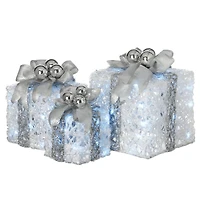 Glittered Silver & White Gift Box Set with White Twinkle LED Lights