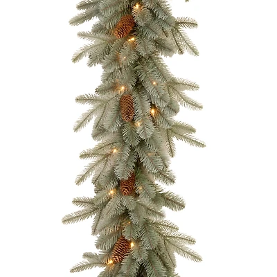 9' x 12" Pre-lit Feel Real® Frosted Artic Spruce Artificial Christmas Garland with Cones & 50 Clear Lights