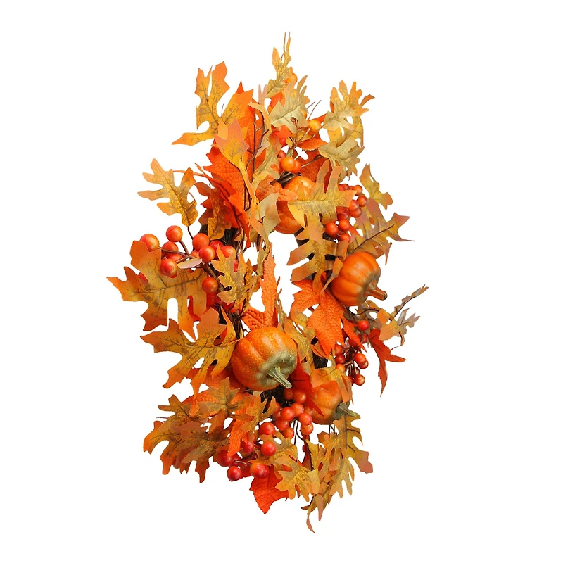 22" Autumn Harvest Fall Leaves, Pumpkins and Berries Wreath, Unlit