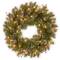 24" Glittery White Edged Cones & Red Berries Mountain Spruce Wreath With Warm White LED Lights