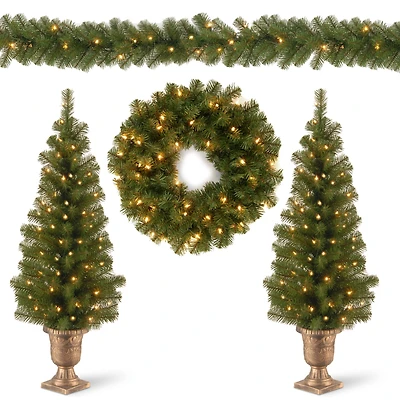 4-Piece Pre-Lit Artificial Christmas Entrance Trees, Garland & Wreath