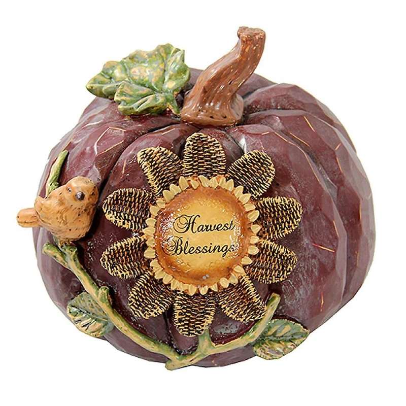 7" Harvest Blessings Pumpkin with Sunflower & Bird Decoration