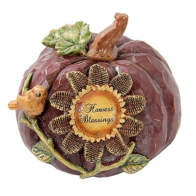 7" Harvest Blessings Pumpkin with Sunflower & Bird Decoration