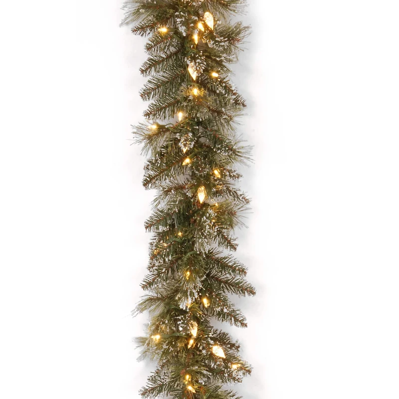 9' x 10" Pre-lit Glittery Bristle® Pine Artificial Christmas Garland with 100 Soft White LED Lights with C7 Diamond Caps