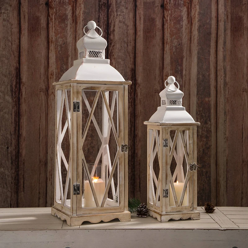 Glitzhome® White Farmhouse Wood & Metal Lantern Set