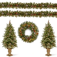 5-Piece Pre-Lit Frosted Berry Artificial Christmas Entrance Trees, Garland & Wreath