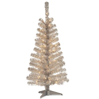 4ft. Pre-Lit Silver Tinsel Artificial Christmas Tree, Clear Lights