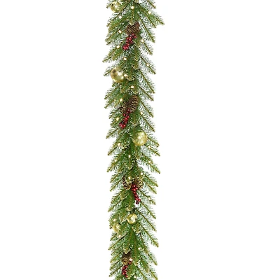 9'x 10" Pre-lit Glittery Gold Dunhill® Fir Artificial Christmas Garland w/ Red Berries, Gold Edged Cones, Gold Ornaments & Warm White Battery Operated LED Lights w/Timer