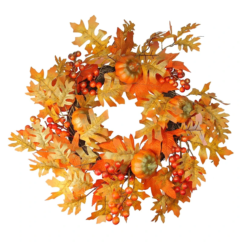 22" Autumn Harvest Fall Leaves, Pumpkins and Berries Wreath, Unlit