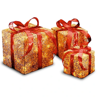Holiday Gold & Red Sisal Gift Box Set Clear Lights