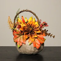 9" Autumn Harvest Burlap Pumpkin with Flowers and Fruit Thanksgiving Decoration