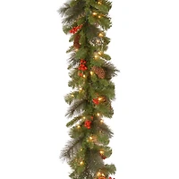 9ft. Pre-Lit Crestwood® Spruce Garland with Silver Bristle, Cones, Red Berries and Glitter with 50 Clear Lights