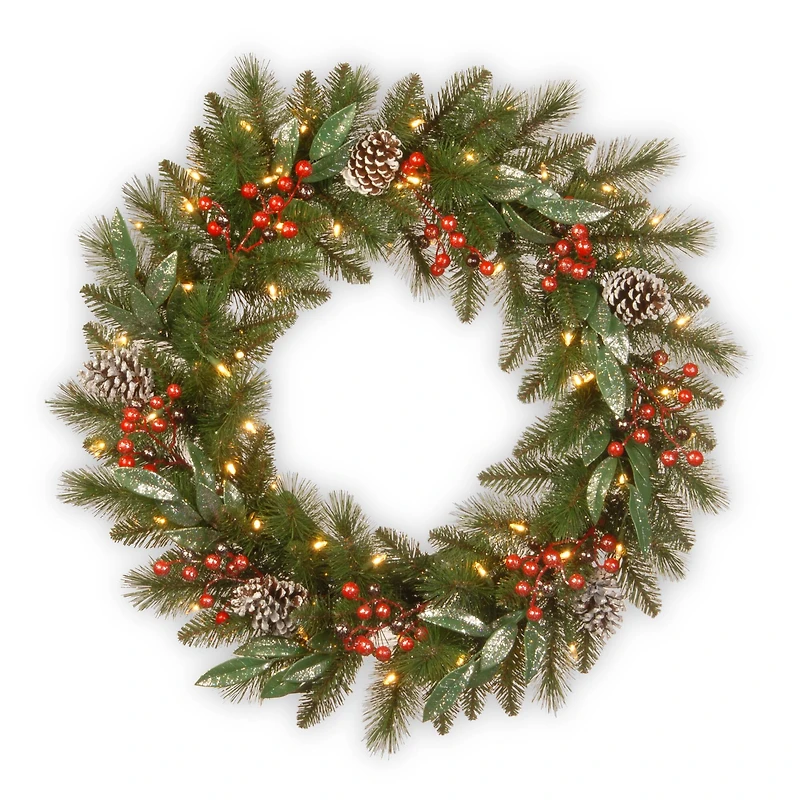30" Frosted Pine Berry Collection Wreaths with Big White Edged Pine Cones, Red Berries, Silver Glittered Eucalyptus Leaves & Warm White LED Lights