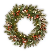 30" Frosted Pine Berry Collection Wreaths with Big White Edged Pine Cones, Red Berries, Silver Glittered Eucalyptus Leaves & Warm White LED Lights