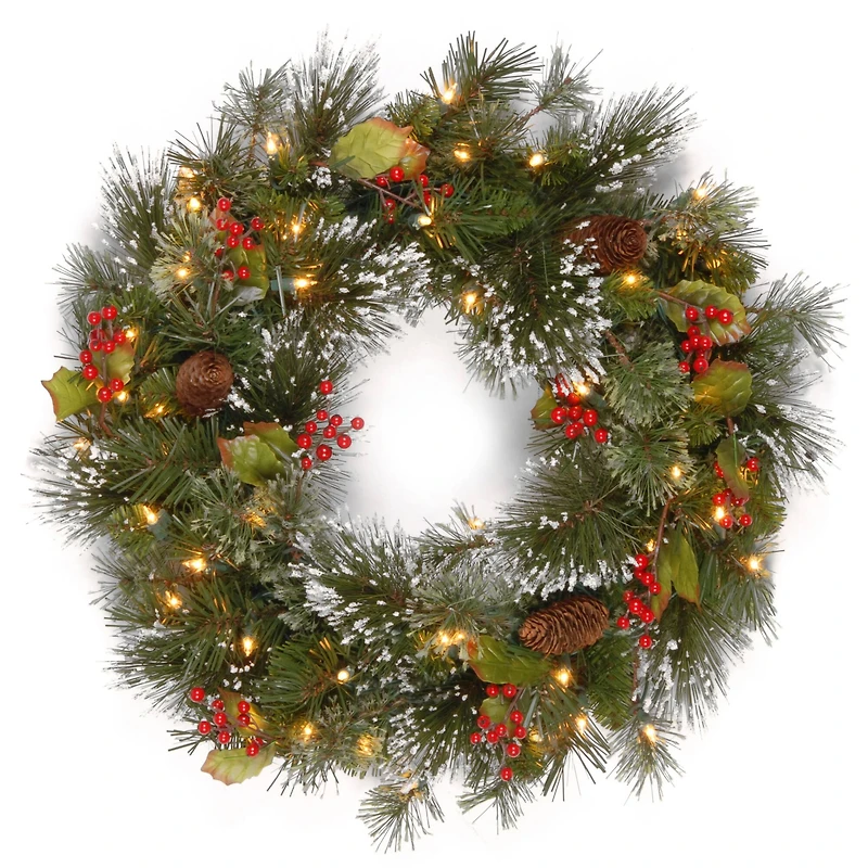 24" Wintry Pine® Wreath with Pine Cones, Red Berries, Snowflakes & Clear Lights