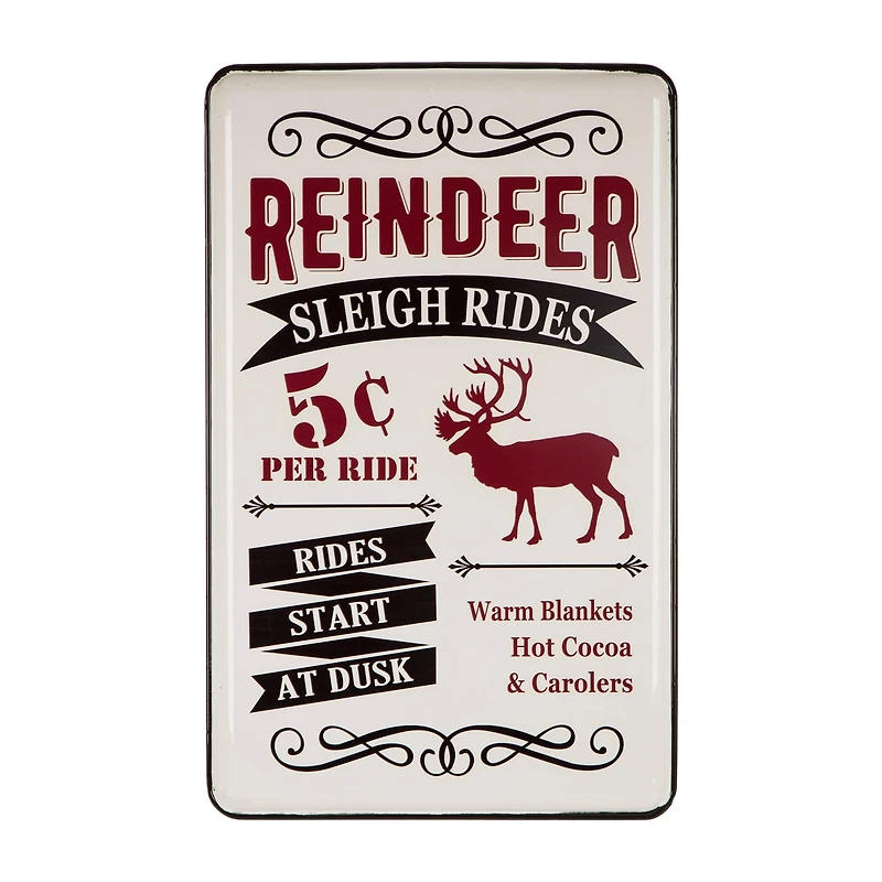 Glitzhome® Reindeer Sleigh Rides Farmhouse Metal Enamel Sign