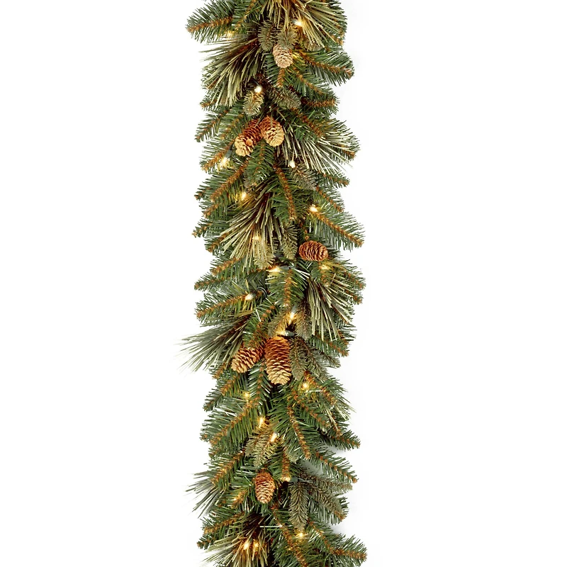 9' x 10" Pre-lit Carolina Pine Artificial Christmas Garland with Flocked Cones & 100 Battery Operated LED Lights