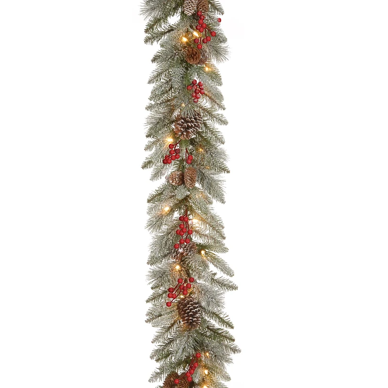 9'x12" Pre-lit Feel Real® Snowy Bristle Berry Artificial Christmas Garland with Red Berries, Mixed Cones & Clear Lights