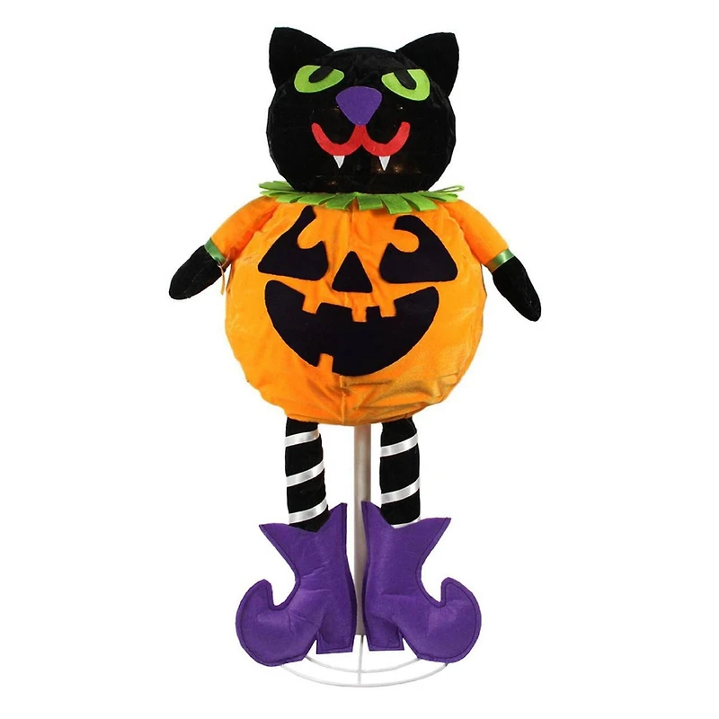 LED-Lighted Standing Black Cat Jack-O-Lantern Halloween Pumpkin