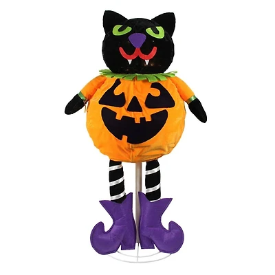 LED-Lighted Standing Black Cat Jack-O-Lantern Halloween Pumpkin