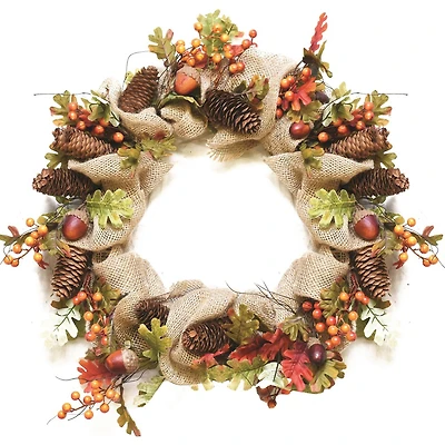 18" Unlit Autumn Harvest Berry, Leaves, Acorns, Pinecones & Burlap Artificial Wreath