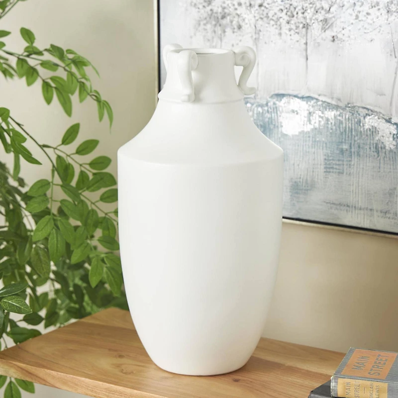18.25" White Ceramic Sleek Amphora Vase with Scroll Handles