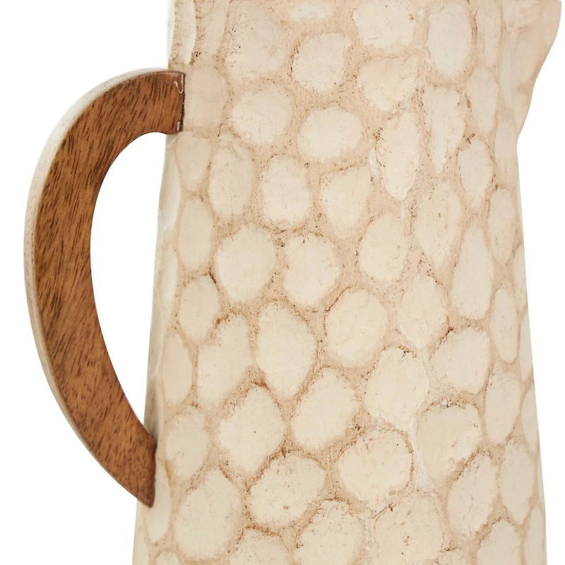 Beige Paper Mache Honeycomb Inspired Jug Vase with Wooden Handle Set