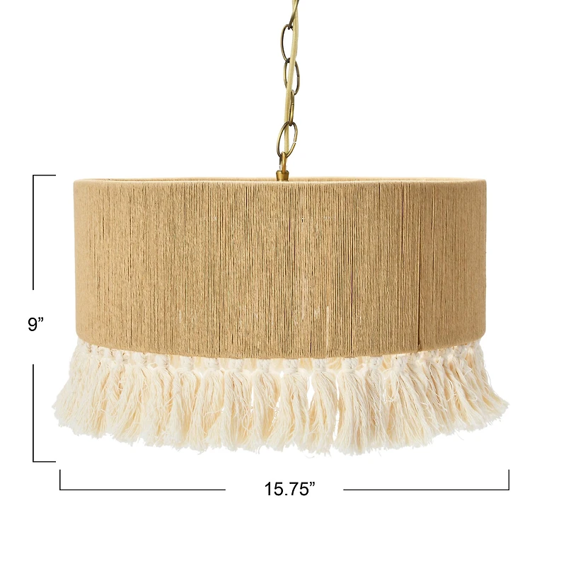 Hello Honey® 16" Brown Coastal Pendant Lamp with Natural Paper Rope Shade, Fringe Detail and Iron Base