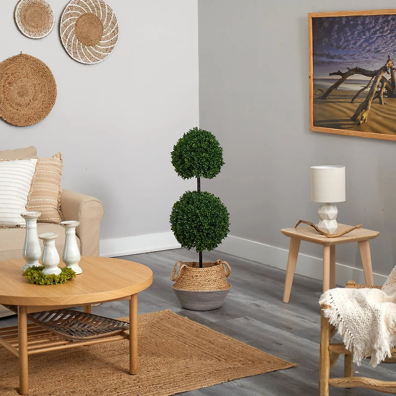3.5ft. Boxwood Double Ball Artificial Topiary Tree in Boho Chic Handmade Cotton & Jute Woven Planter UV Resistant (Indoor/Outdoor