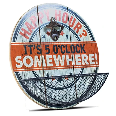 American Art Décor™ Happy Hour It's 5 O'clock Somewhere Bottle Opener & Cap Catcher Wall Décor