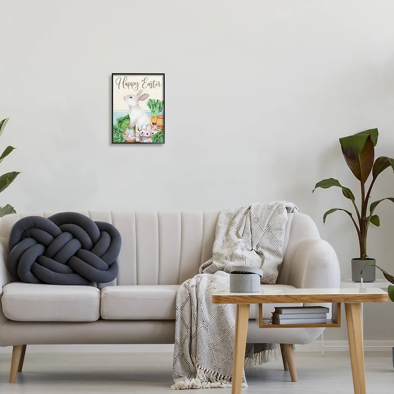 Stupell Industries Happy Easter Bunny Rabbit Greens Eggs Basket Framed Giclee Art