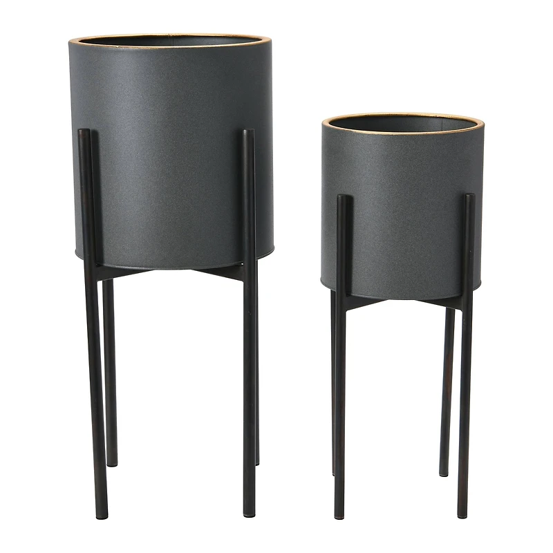Hello Honey® Charcoal Grey & Black Boho Metal Planters with Gold Rim & Stands Set