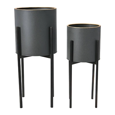 Hello Honey® Charcoal Grey & Black Boho Metal Planters with Gold Rim & Stands Set
