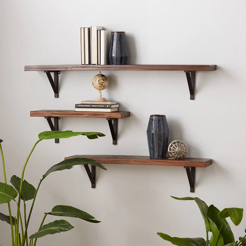 Brown Wood Industrial Wall Shelf Set