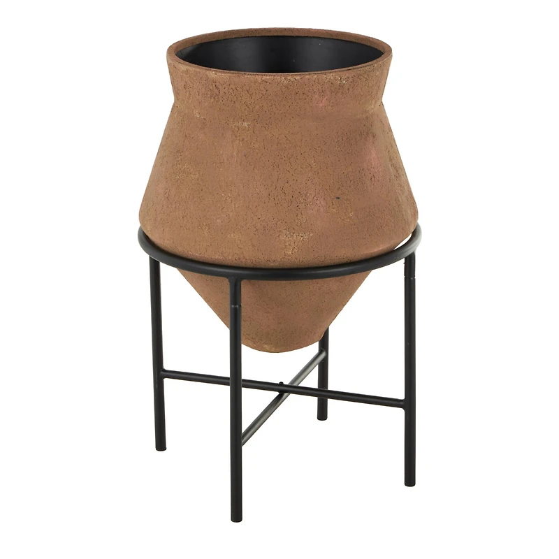24.5" Brown Metal Wide Decorative Vase with Black Stand