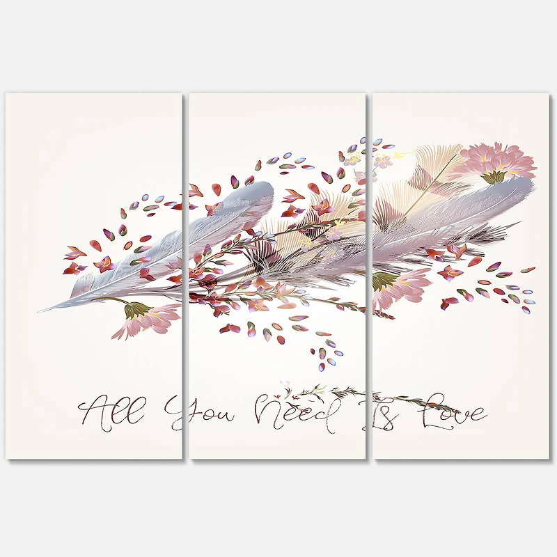 Designart - Pink Feathers and Bird All You Need Is Love