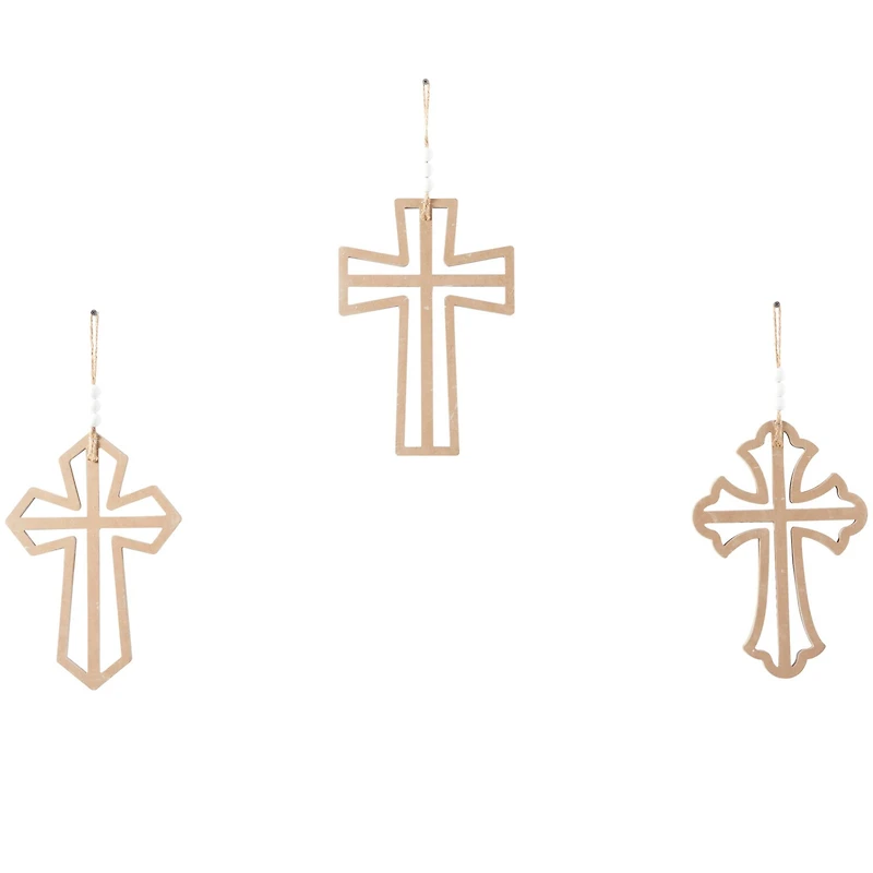 Light Brown Wood Carved Beaded Crosses Biblical Wall Decor with Rope Hanger Set of 3 9", 18"