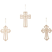 Light Brown Wood Carved Beaded Crosses Biblical Wall Decor with Rope Hanger Set of 3 9", 18"